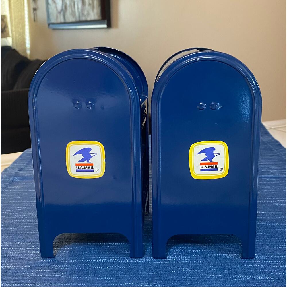 Pair Incomplete Vintage 8" US Mail Blue Metal Mailbox Coin Bank USPS - Picture 3 of 4